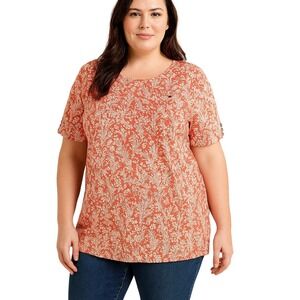Tommy Hilfiger Womens Short Sleeve Top Large Stretchy Floral Soft Orange White
